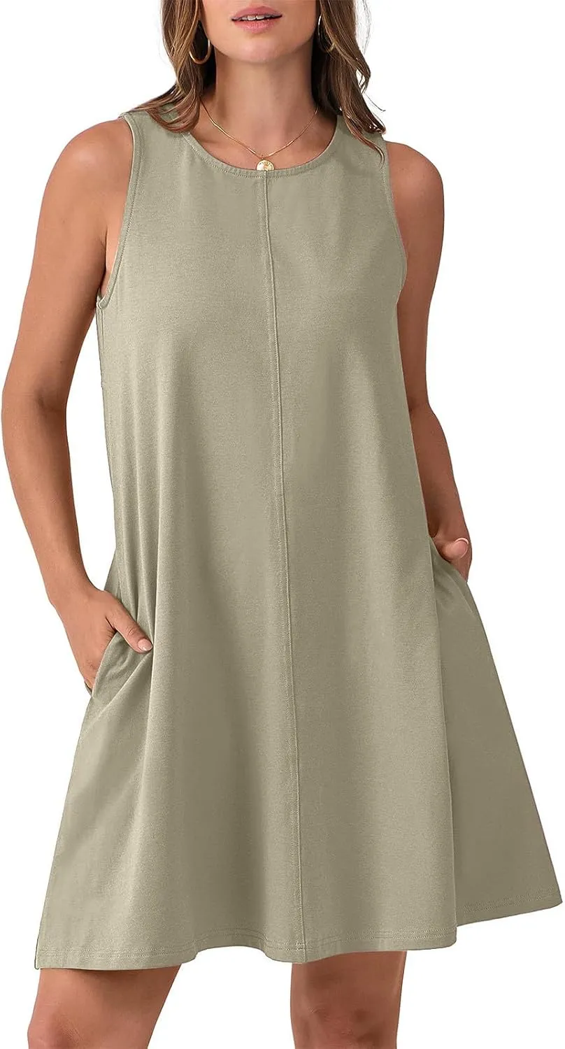 Women Cutout Back Mini Dress Summer Sleeveless V Neck Casual Tank Dresses 2025 Solid Beach Vacation Flare Sundress