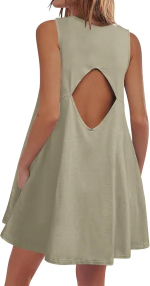 Women Cutout Back Mini Dress Summer Sleeveless V Neck Casual Tank Dresses 2025 Solid Beach Vacation Flare Sundress