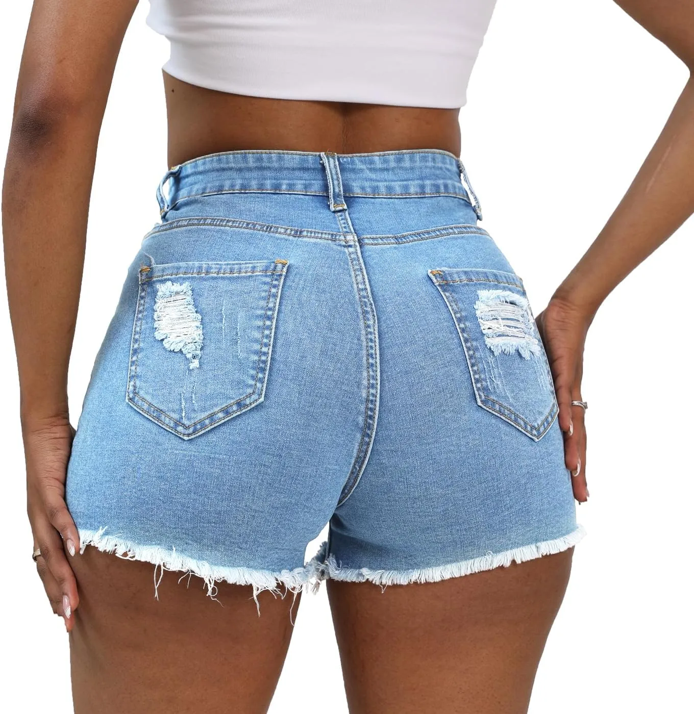 Women Distressed Stretchy Denim Shorts Junior Ripped Frayed Raw Hem Casual High Waisted Jeans Shorts