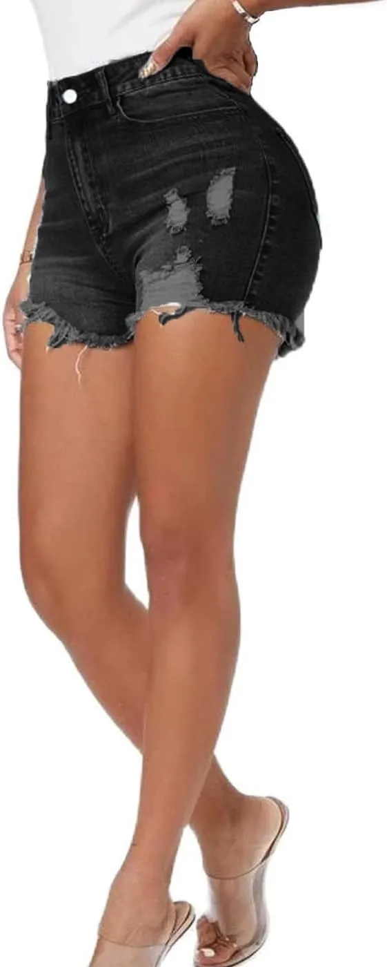 Women Distressed Stretchy Denim Shorts Junior Ripped Frayed Raw Hem Casual High Waisted Jeans Shorts
