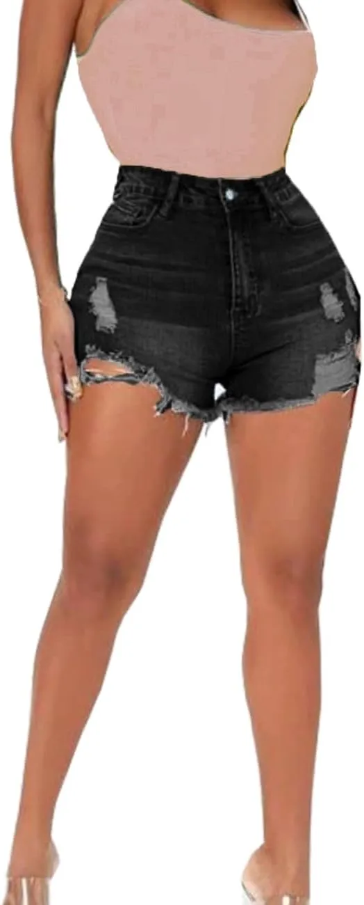 Women Distressed Stretchy Denim Shorts Junior Ripped Frayed Raw Hem Casual High Waisted Jeans Shorts
