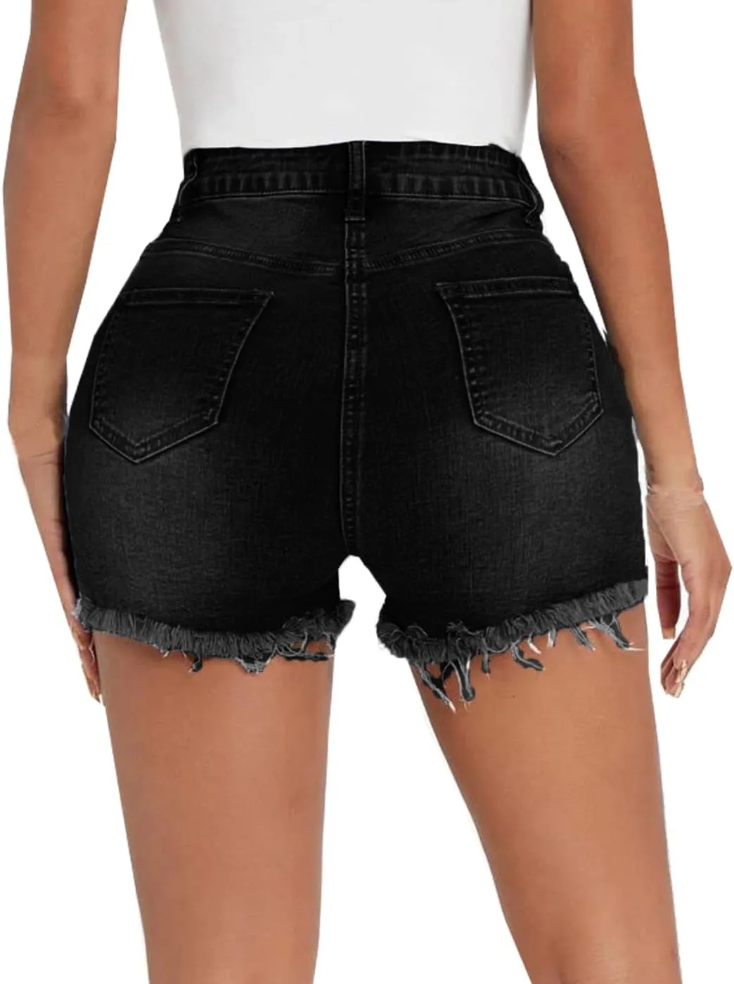 Women Distressed Stretchy Denim Shorts Junior Ripped Frayed Raw Hem Casual High Waisted Jeans Shorts