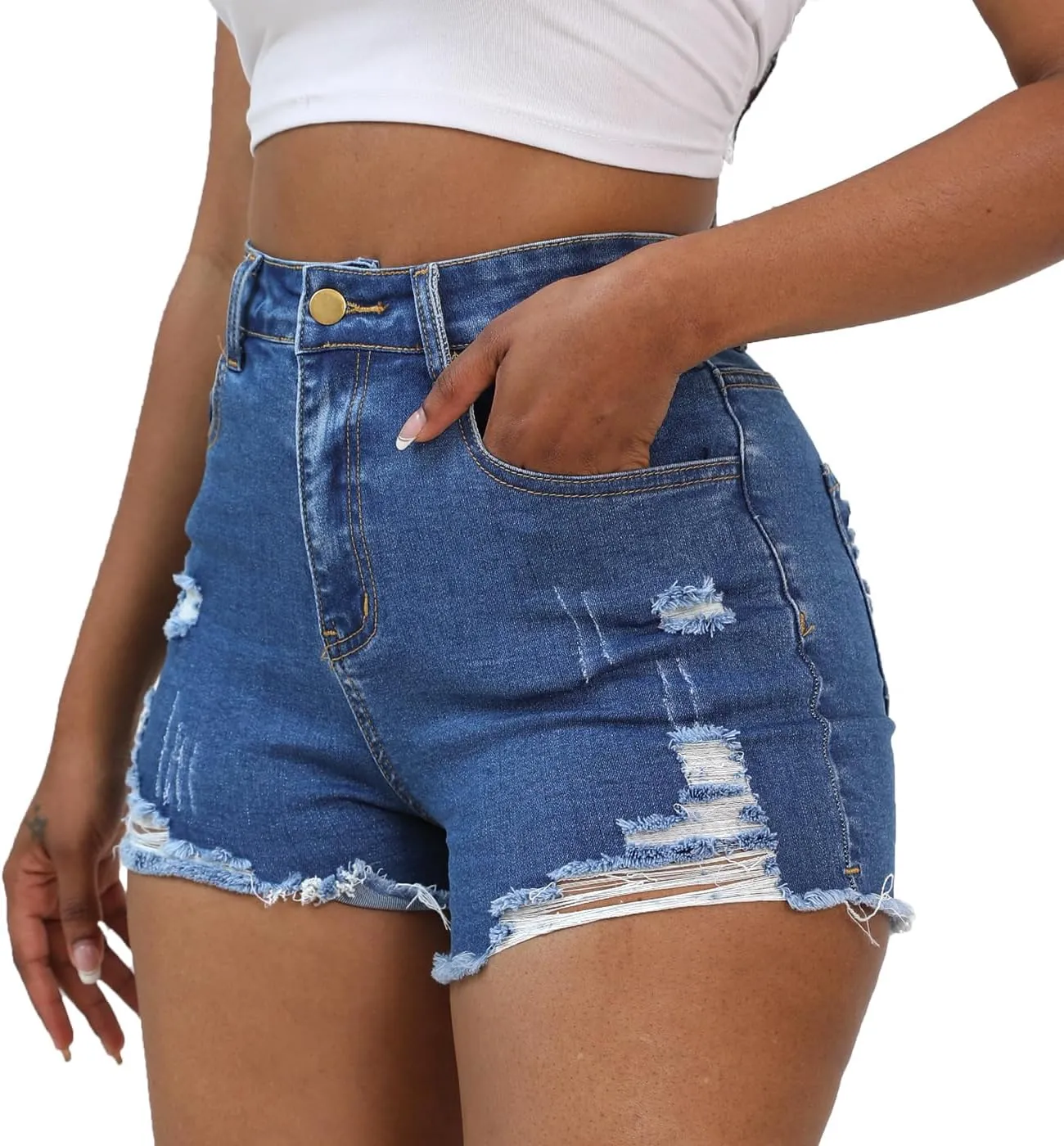 Women Distressed Stretchy Denim Shorts Junior Ripped Frayed Raw Hem Casual High Waisted Jeans Shorts