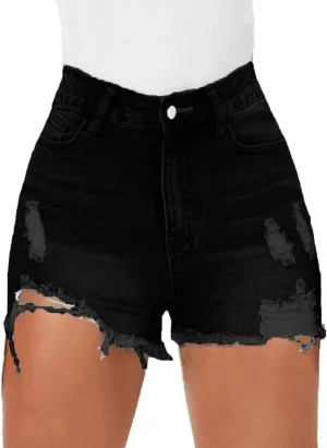 Women Distressed Stretchy Denim Shorts Junior Ripped Frayed Raw Hem Casual High Waisted Jeans Shorts