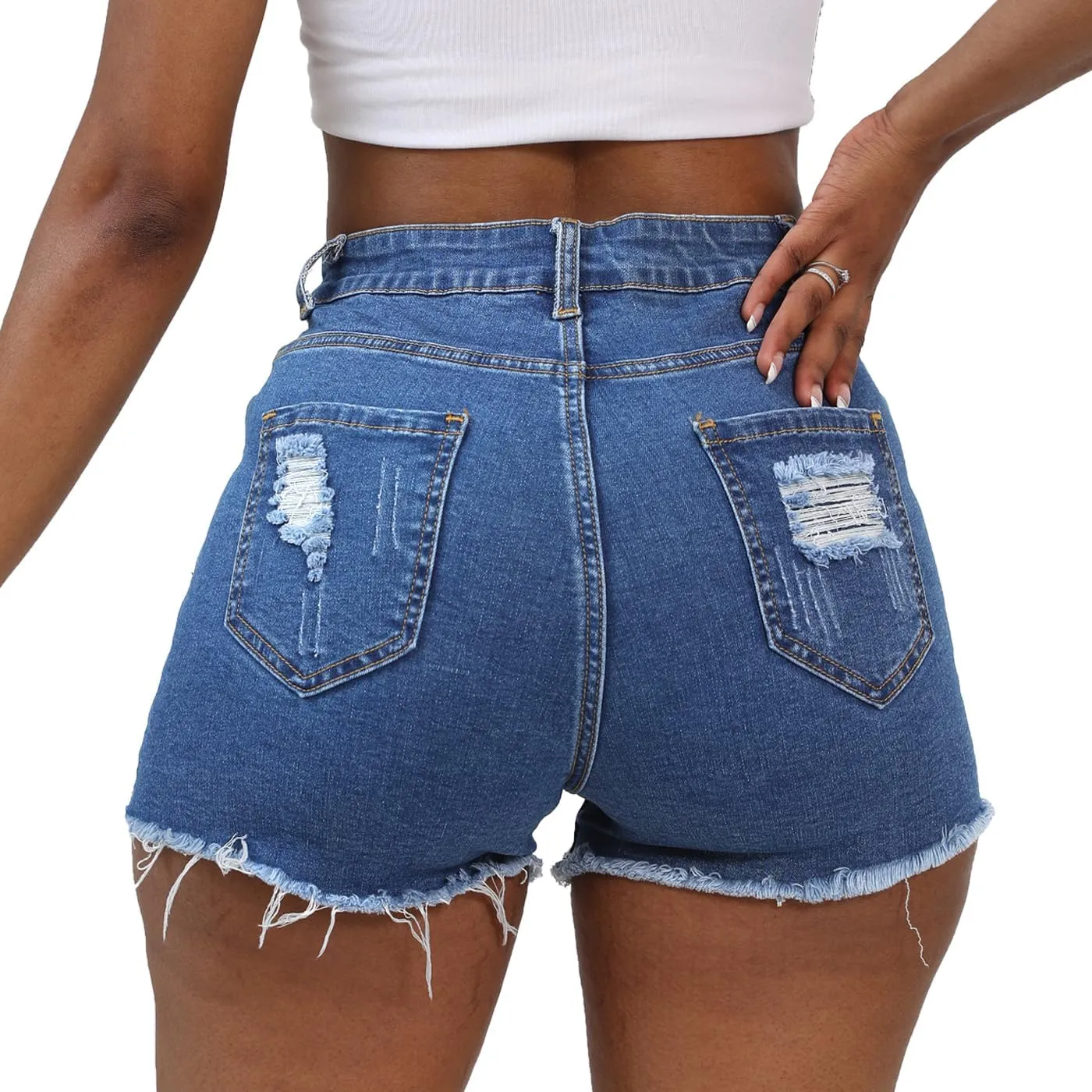 Women Distressed Stretchy Denim Shorts Junior Ripped Frayed Raw Hem Casual High Waisted Jeans Shorts