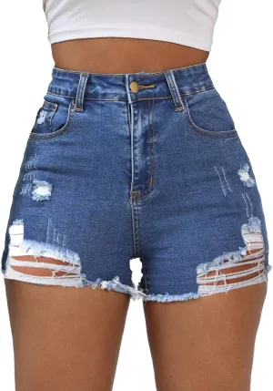 Women Distressed Stretchy Denim Shorts Junior Ripped Frayed Raw Hem Casual High Waisted Jeans Shorts