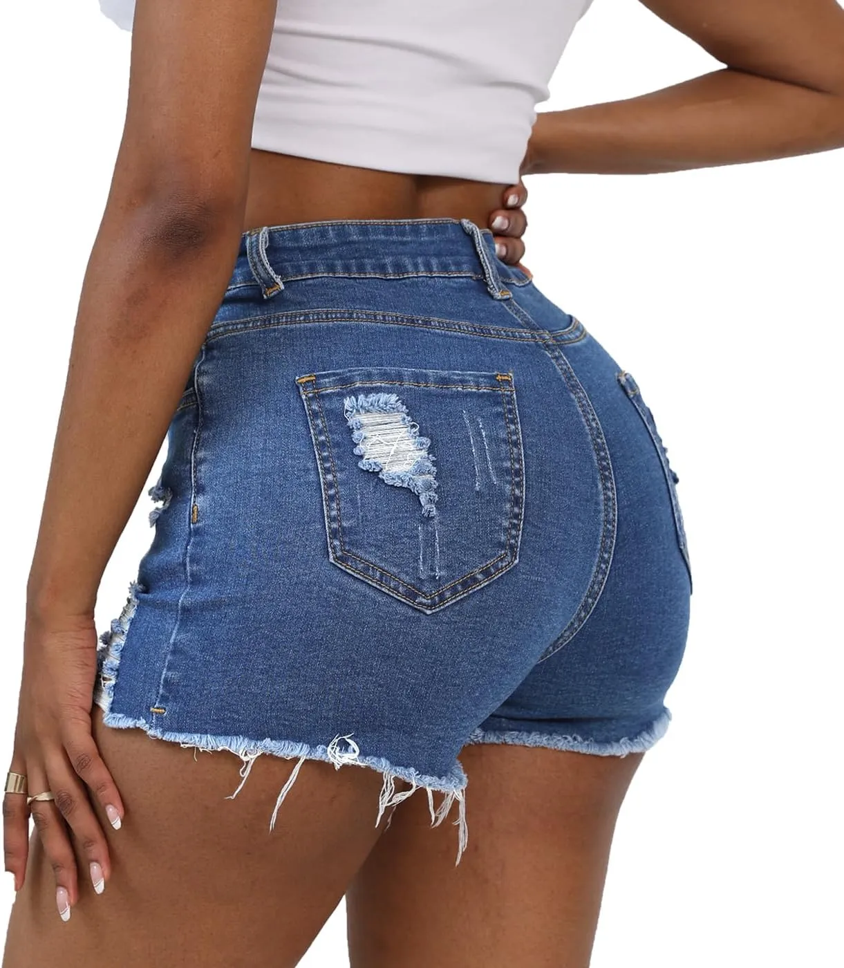 Women Distressed Stretchy Denim Shorts Junior Ripped Frayed Raw Hem Casual High Waisted Jeans Shorts