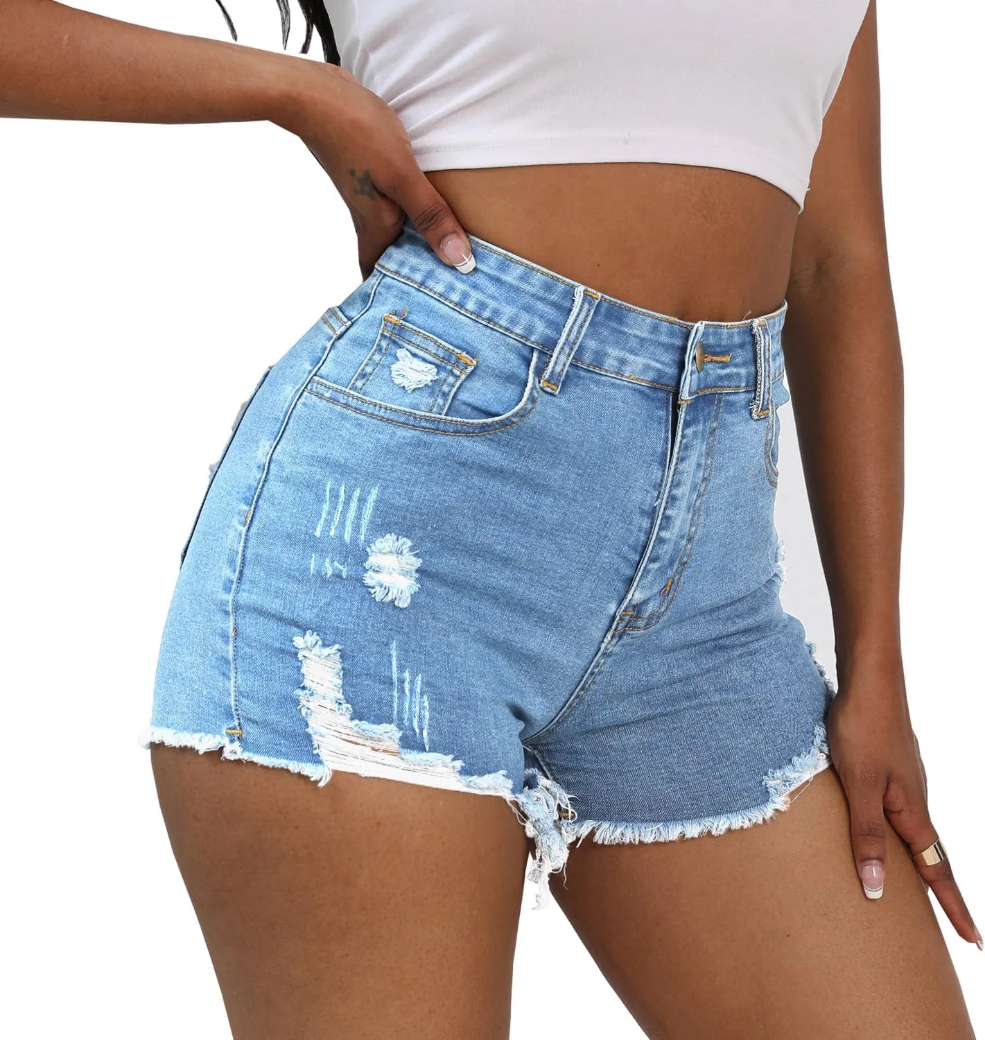 Women Distressed Stretchy Denim Shorts Junior Ripped Frayed Raw Hem Casual High Waisted Jeans Shorts
