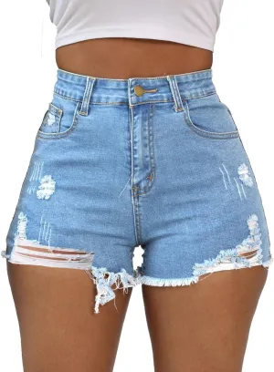 Women Distressed Stretchy Denim Shorts Junior Ripped Frayed Raw Hem Casual High Waisted Jeans Shorts