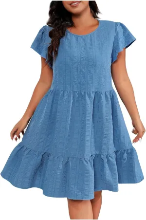 Women Dresses 2024 Puff Short Sleeve Crew Neck Textured Casual Tiered Ruffle A-Line Swing Mini Babydoll Dress Plus Size