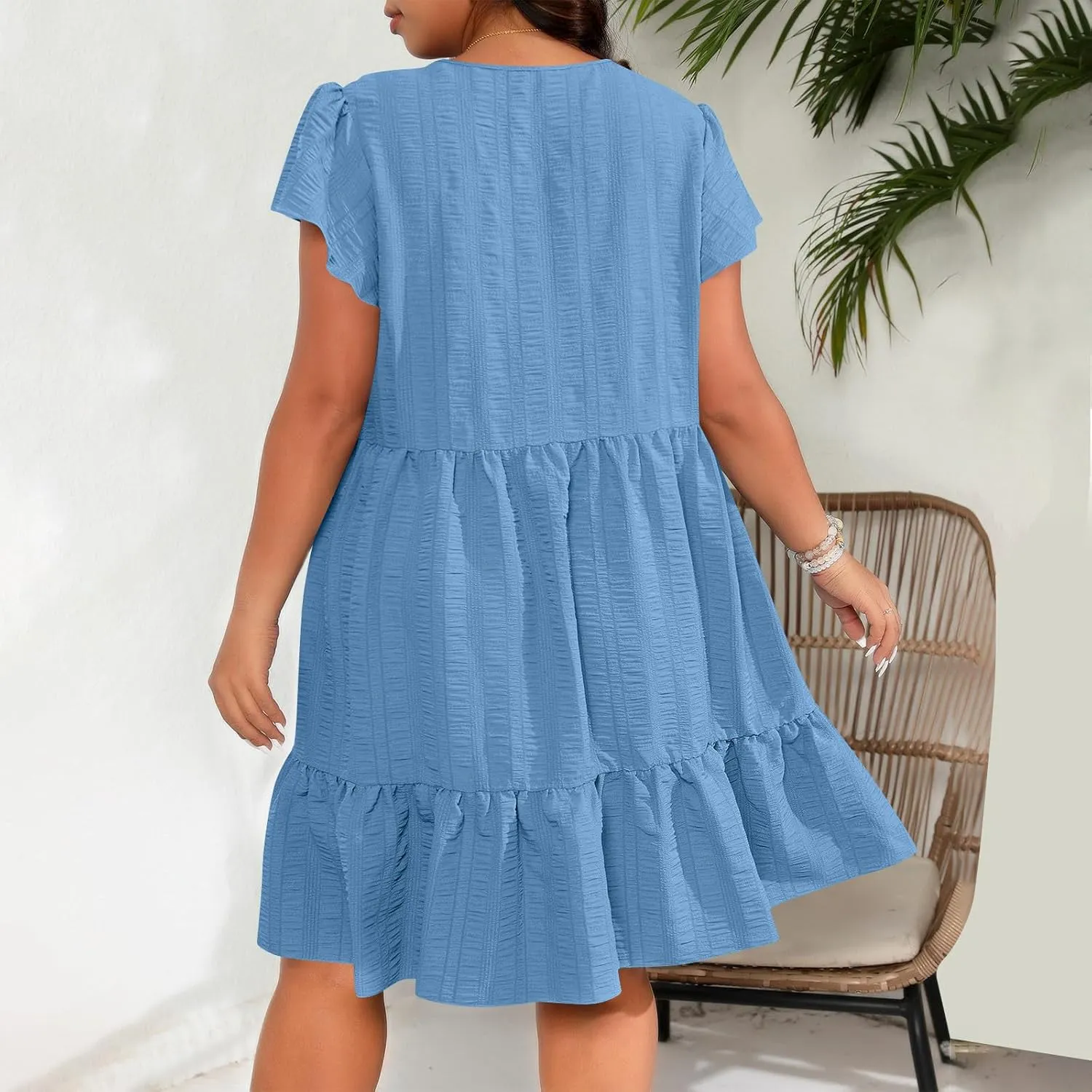 Women Dresses 2024 Puff Short Sleeve Crew Neck Textured Casual Tiered Ruffle A-Line Swing Mini Babydoll Dress Plus Size