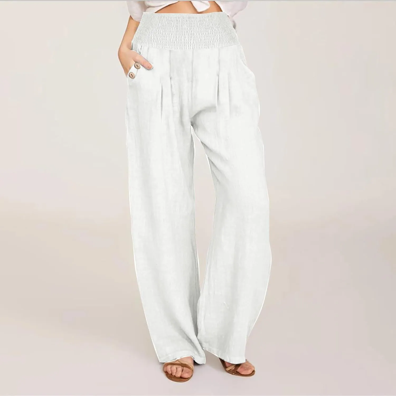 Women Dressy Casual Linen Pants 2025 Elastic Waist Drawstring Pocket Trousers Loose Straight Wide Leg Palazzo Pants