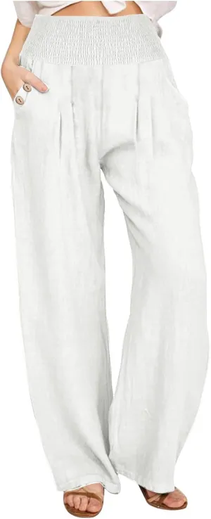 Women Dressy Casual Linen Pants 2025 Elastic Waist Drawstring Pocket Trousers Loose Straight Wide Leg Palazzo Pants