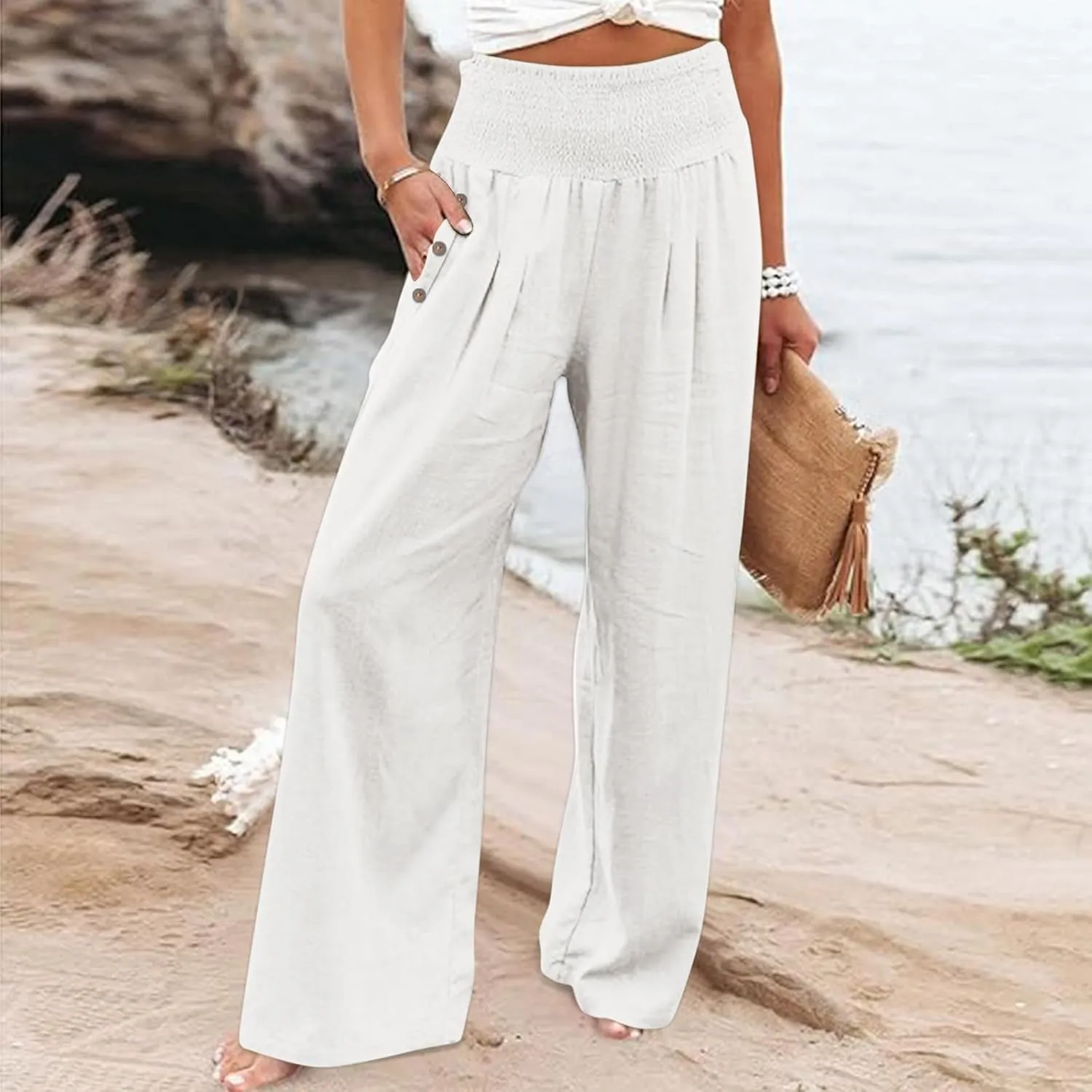 Women Dressy Casual Linen Pants 2025 Elastic Waist Drawstring Pocket Trousers Loose Straight Wide Leg Palazzo Pants