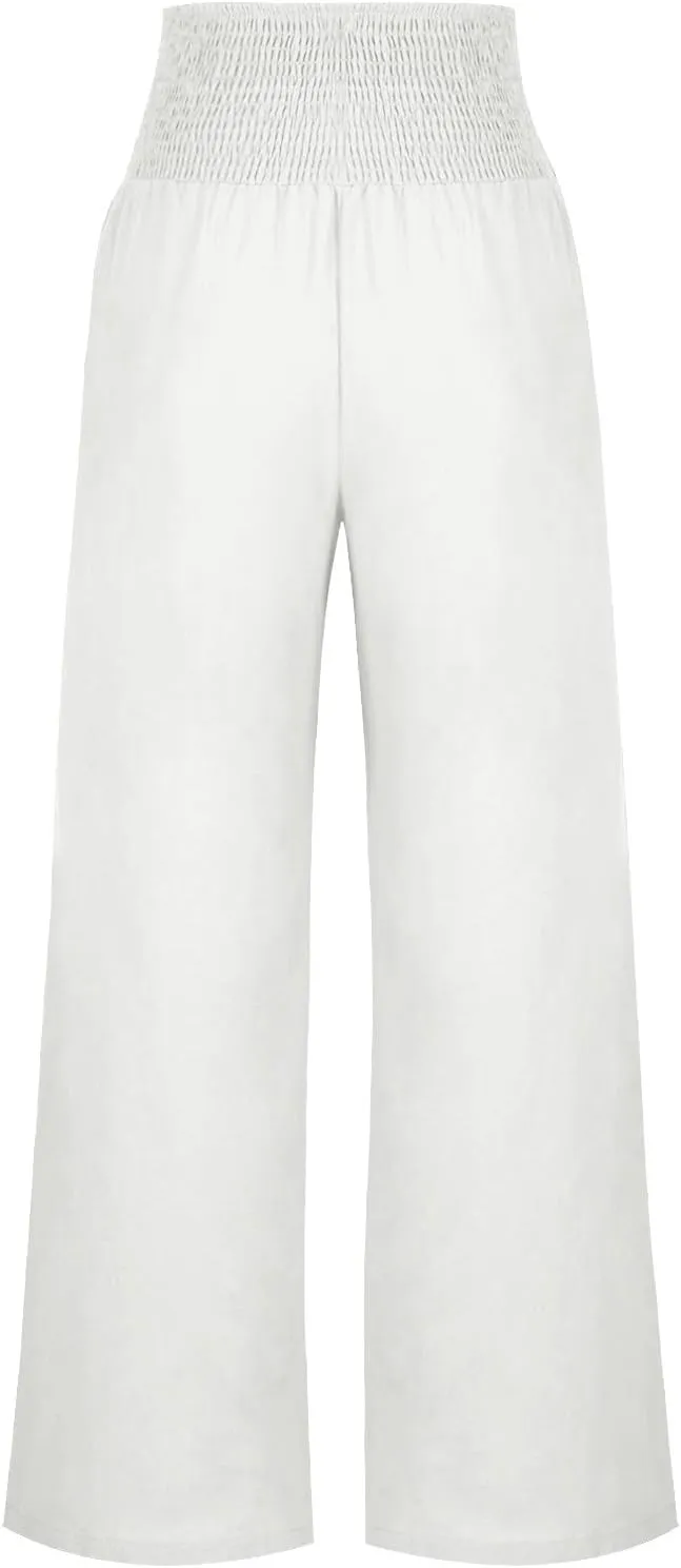 Women Dressy Casual Linen Pants 2025 Elastic Waist Drawstring Pocket Trousers Loose Straight Wide Leg Palazzo Pants