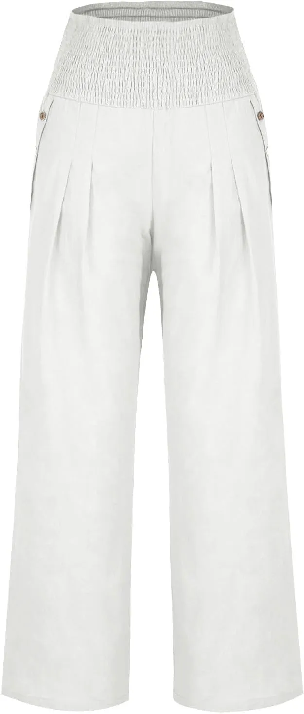 Women Dressy Casual Linen Pants 2025 Elastic Waist Drawstring Pocket Trousers Loose Straight Wide Leg Palazzo Pants