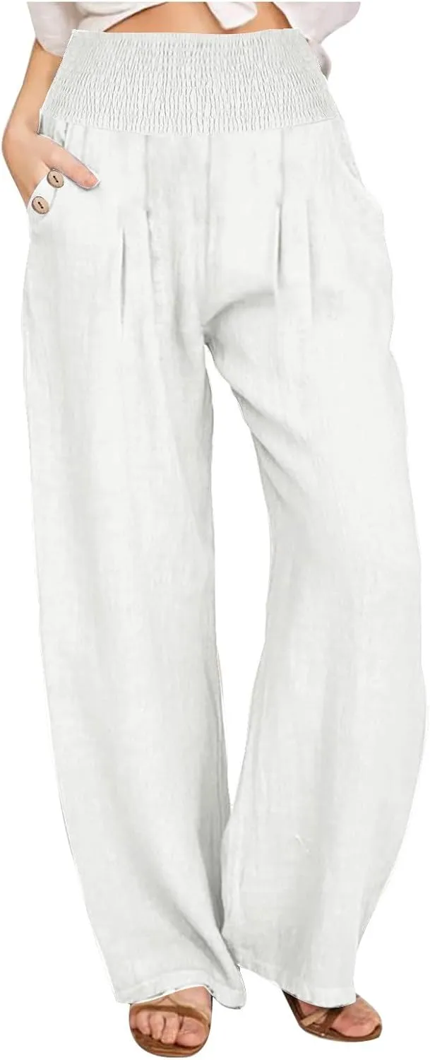 Women Dressy Casual Linen Pants 2025 Elastic Waist Drawstring Pocket Trousers Loose Straight Wide Leg Palazzo Pants