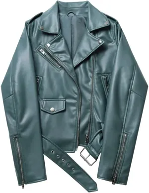 Women Faux Leather Casual Jacket Solid Color Zipper Cropped Coat Bomber Biker Moto Jackets Outwear