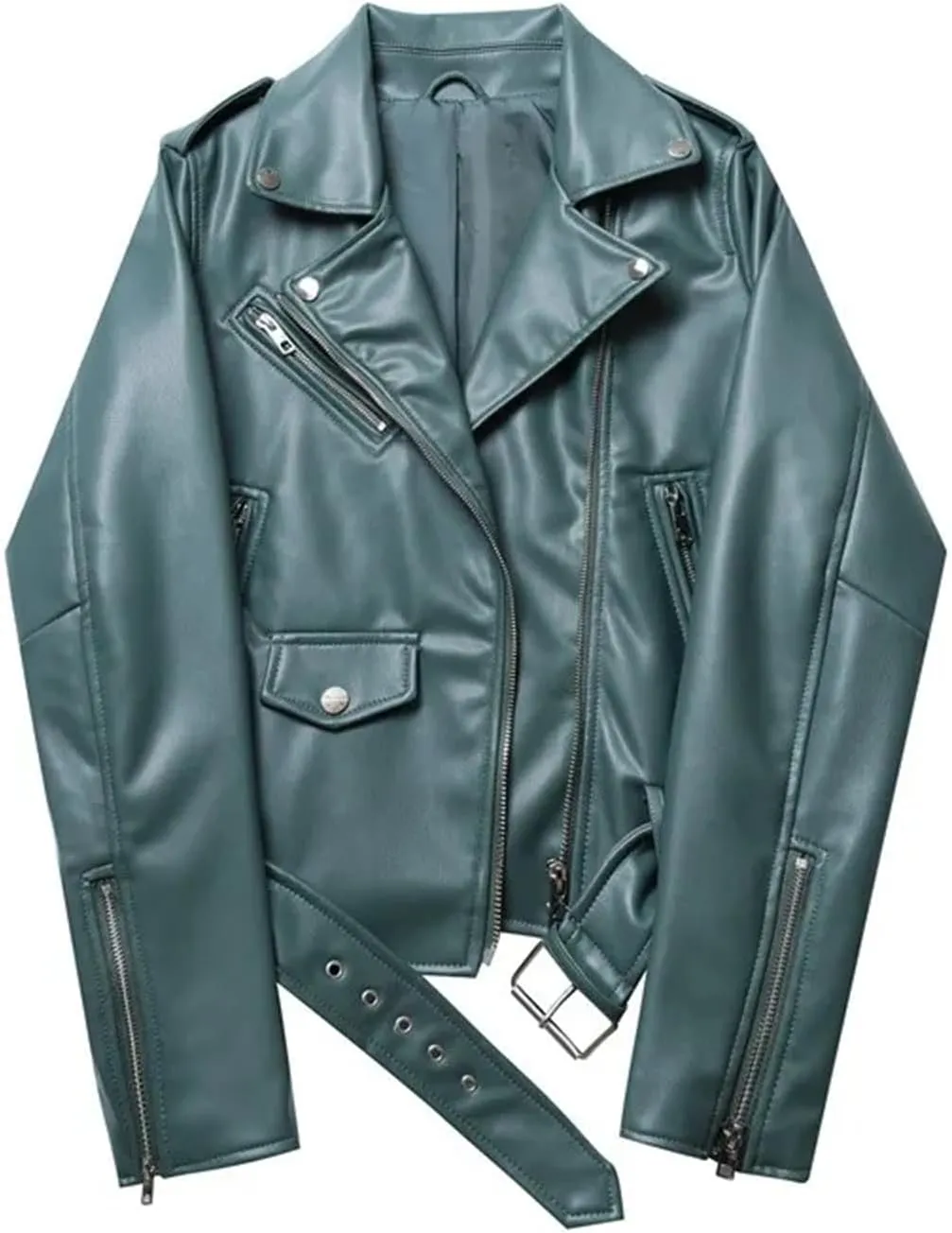 Women Faux Leather Casual Jacket Solid Color Zipper Cropped Coat Bomber Biker Moto Jackets Outwear