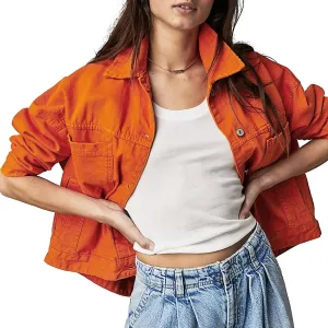 Women Jacket Solid Turn-down Collar Denim Jackets Long Sleeve Button Closure Fall Jacket with Pockets