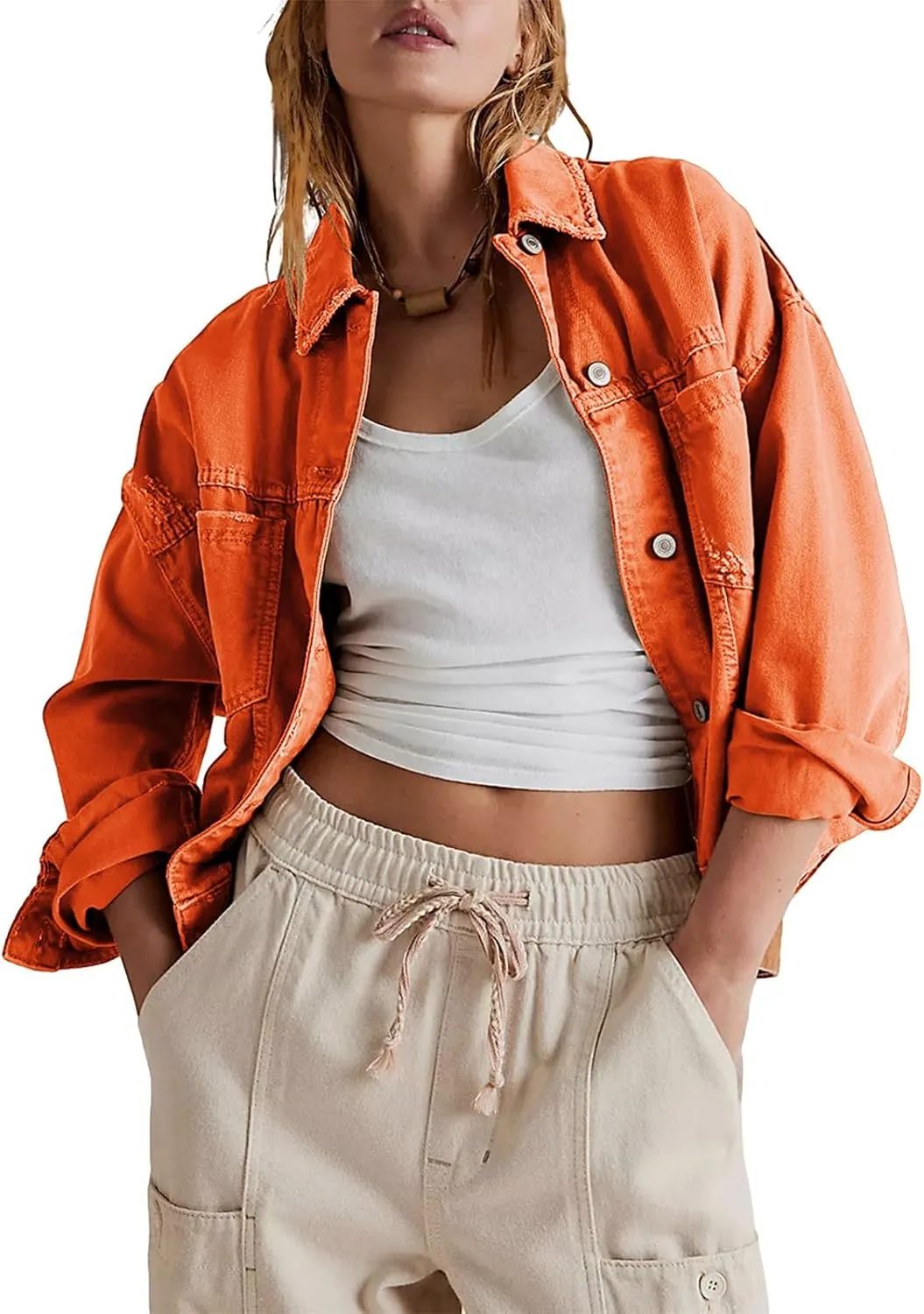 Women Jacket Solid Turn-down Collar Denim Jackets Long Sleeve Button Closure Fall Jacket with Pockets
