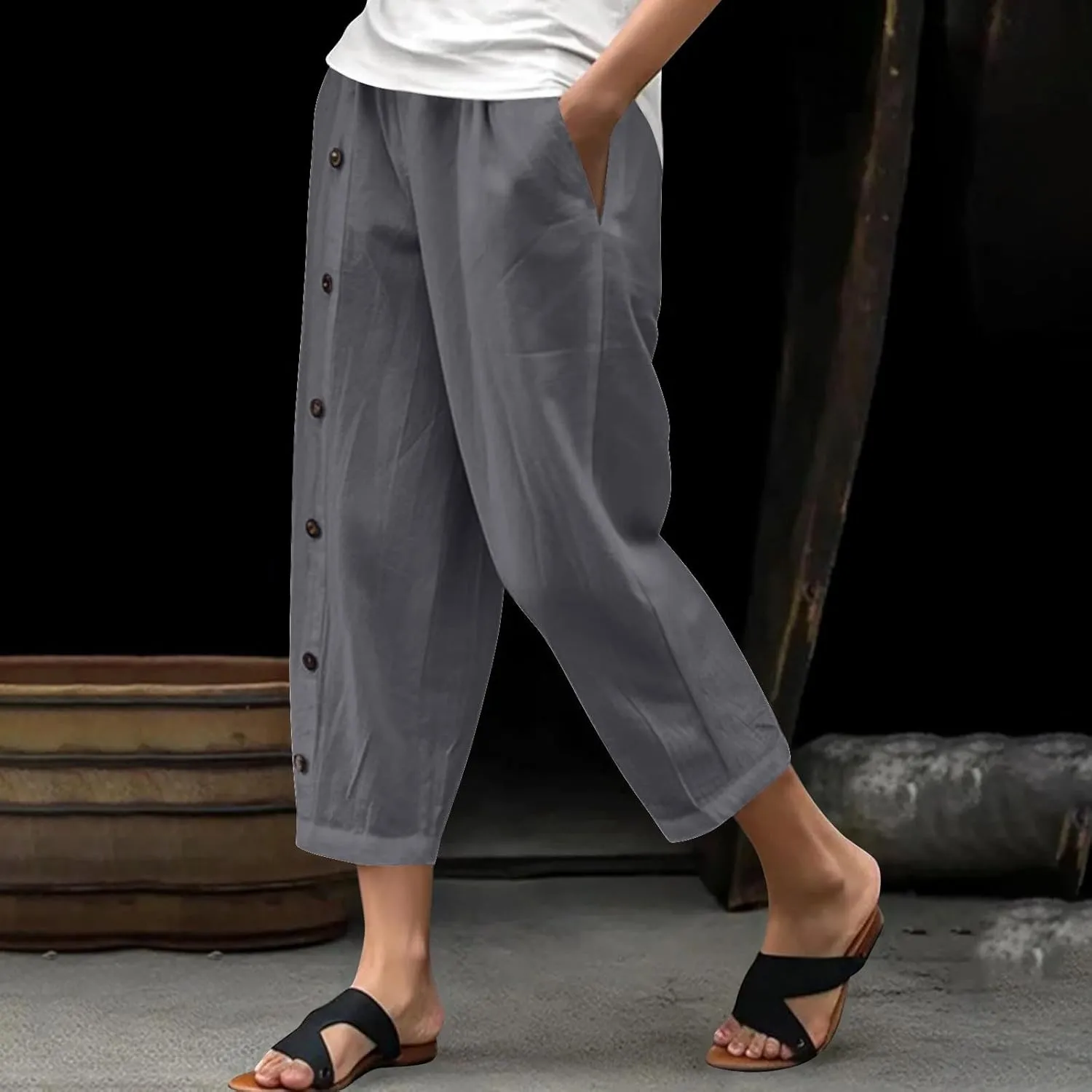 Women Linen Pants Plus Size Summer Trendy High Waisted Straight Leg Pants Comfy Loose Fit Cropped Trousers with Pockets