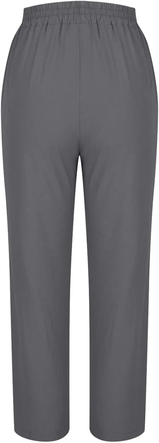 Women Linen Pants Plus Size Summer Trendy High Waisted Straight Leg Pants Comfy Loose Fit Cropped Trousers with Pockets