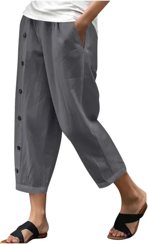 Women Linen Pants Plus Size Summer Trendy High Waisted Straight Leg Pants Comfy Loose Fit Cropped Trousers with Pockets