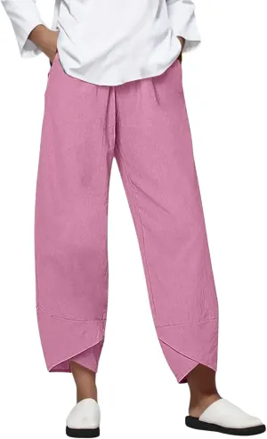 Women Linen Pants Summer Boho Wide Leg High Waist Pants Drawstring Loose Fit Women's Cotton Linen Leggings with Pockets