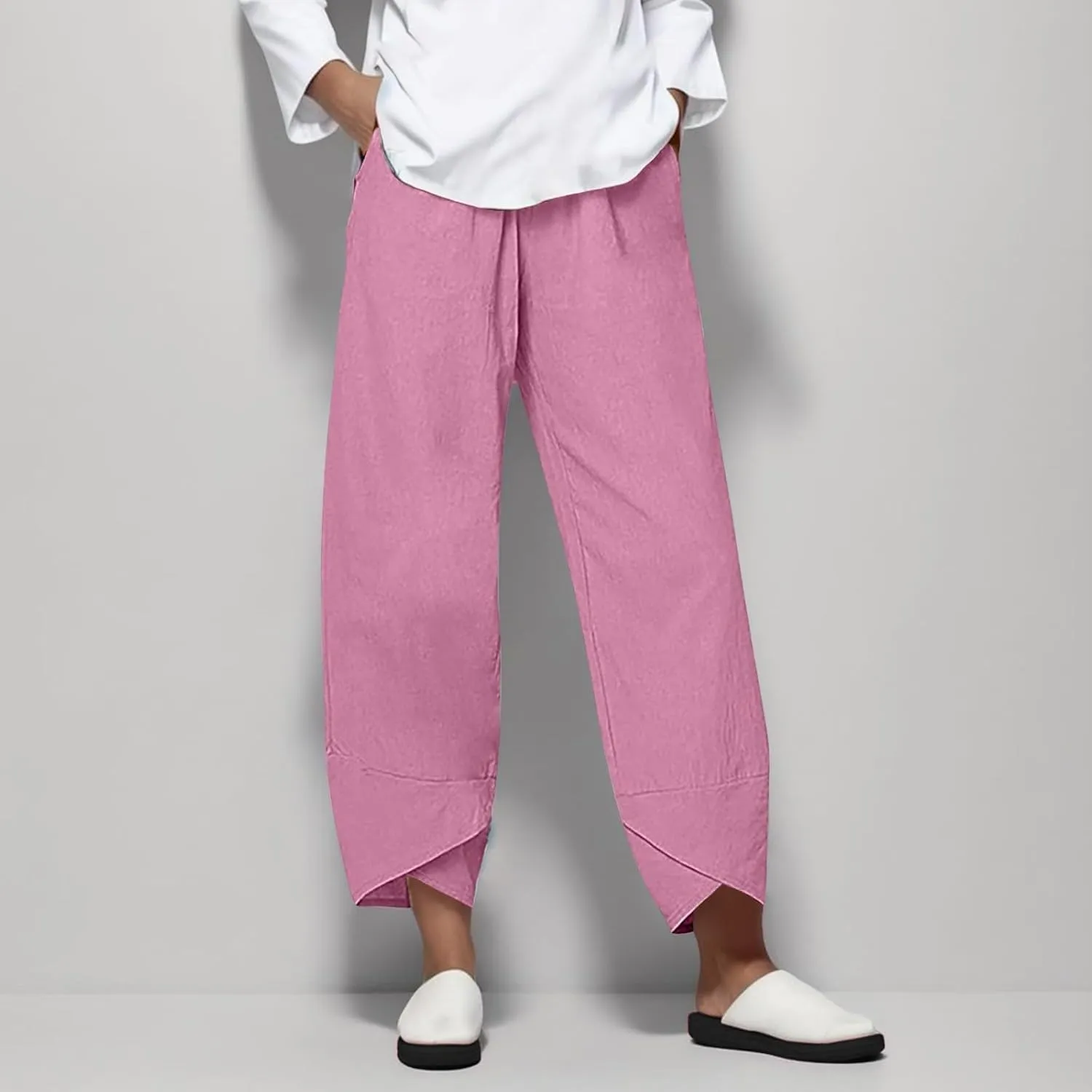 Women Linen Pants Summer Boho Wide Leg High Waist Pants Drawstring Loose Fit Women's Cotton Linen Leggings with Pockets