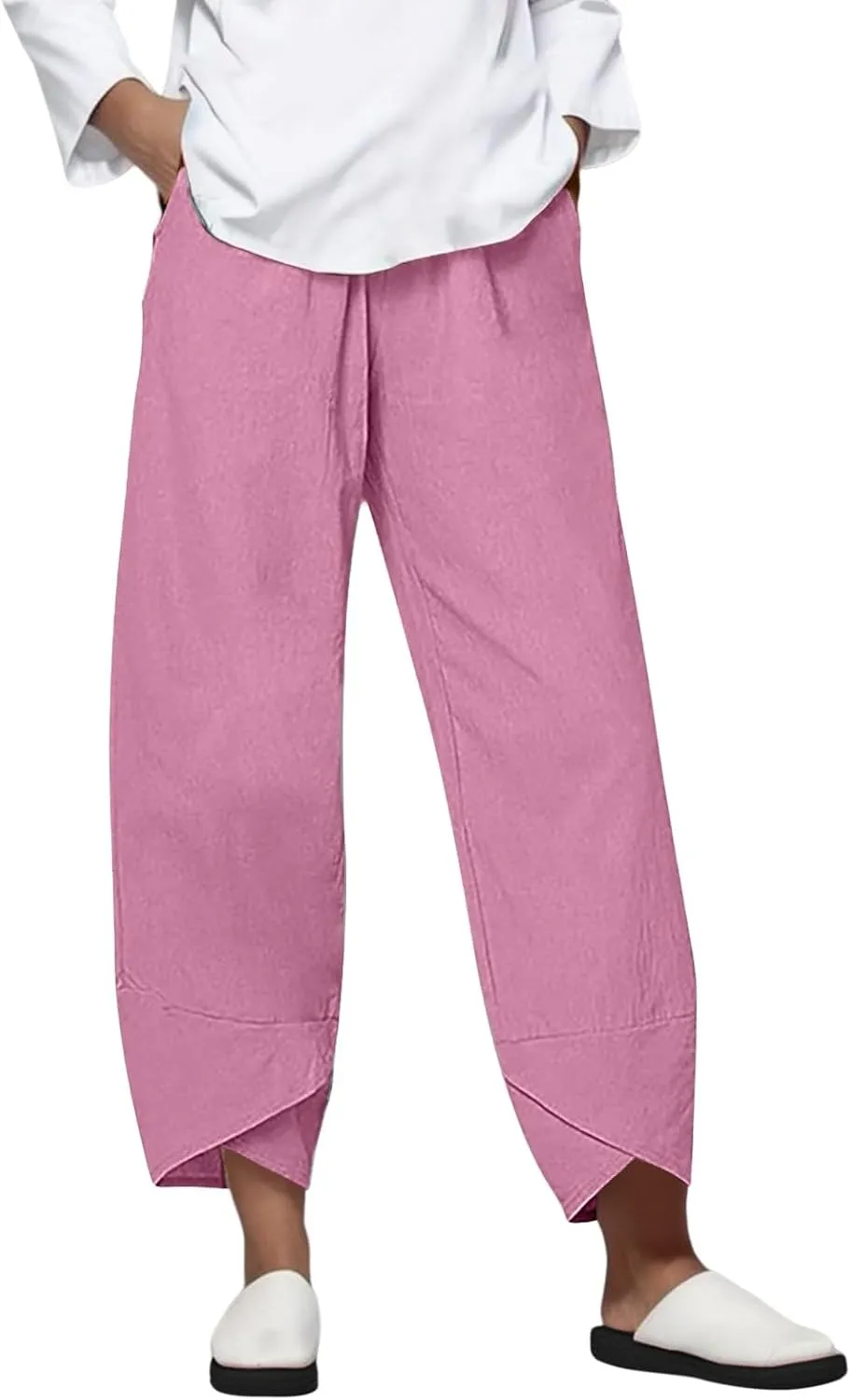 Women Linen Pants Summer Boho Wide Leg High Waist Pants Drawstring Loose Fit Women's Cotton Linen Leggings with Pockets