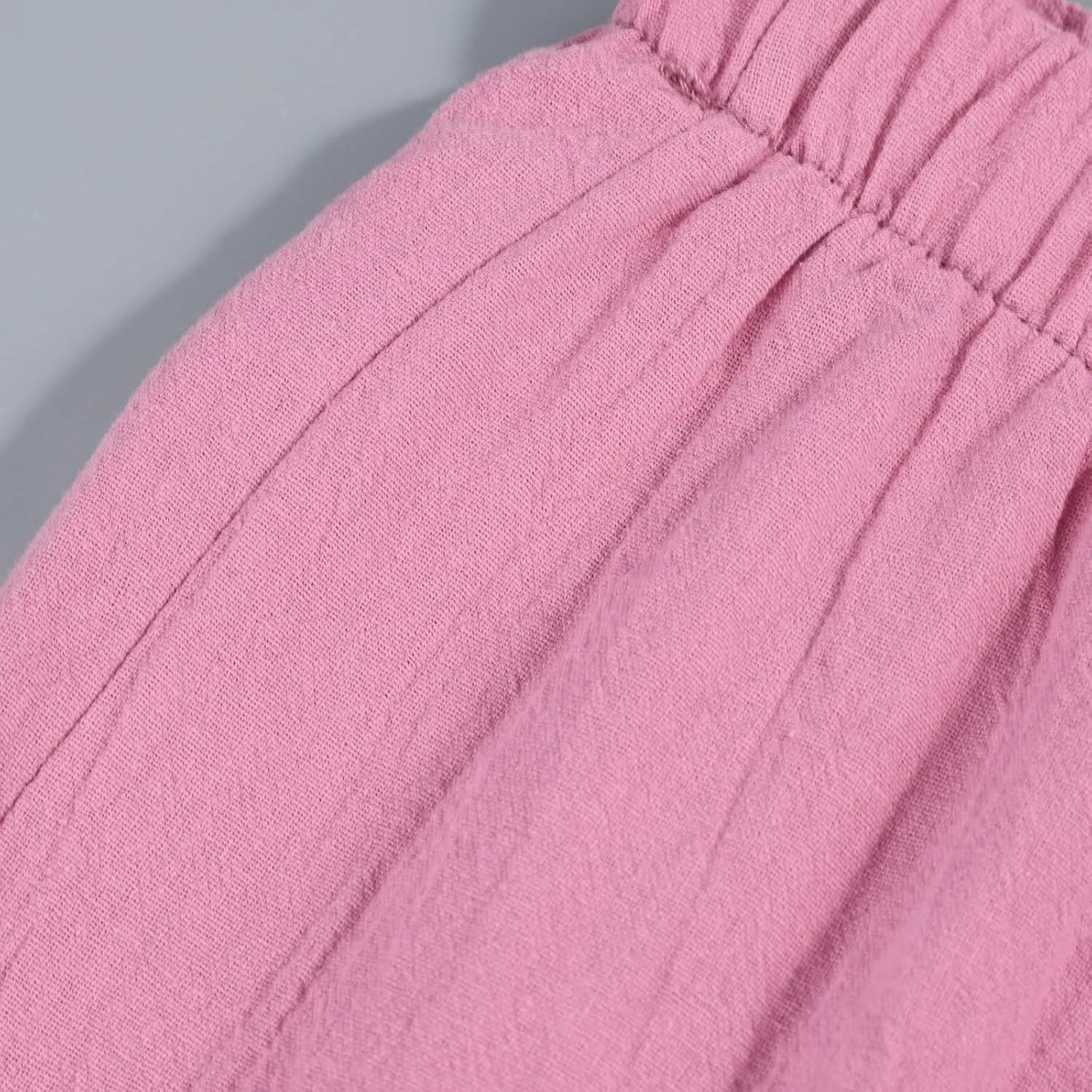 Women Linen Pants Summer Boho Wide Leg High Waist Pants Drawstring Loose Fit Women's Cotton Linen Leggings with Pockets