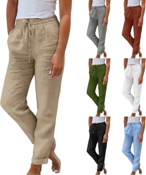 Women Linen Pants Summer Drawstring High Waisted Straight Leg Cotton Pants Casual Comfy Beach Trouser with Pockets