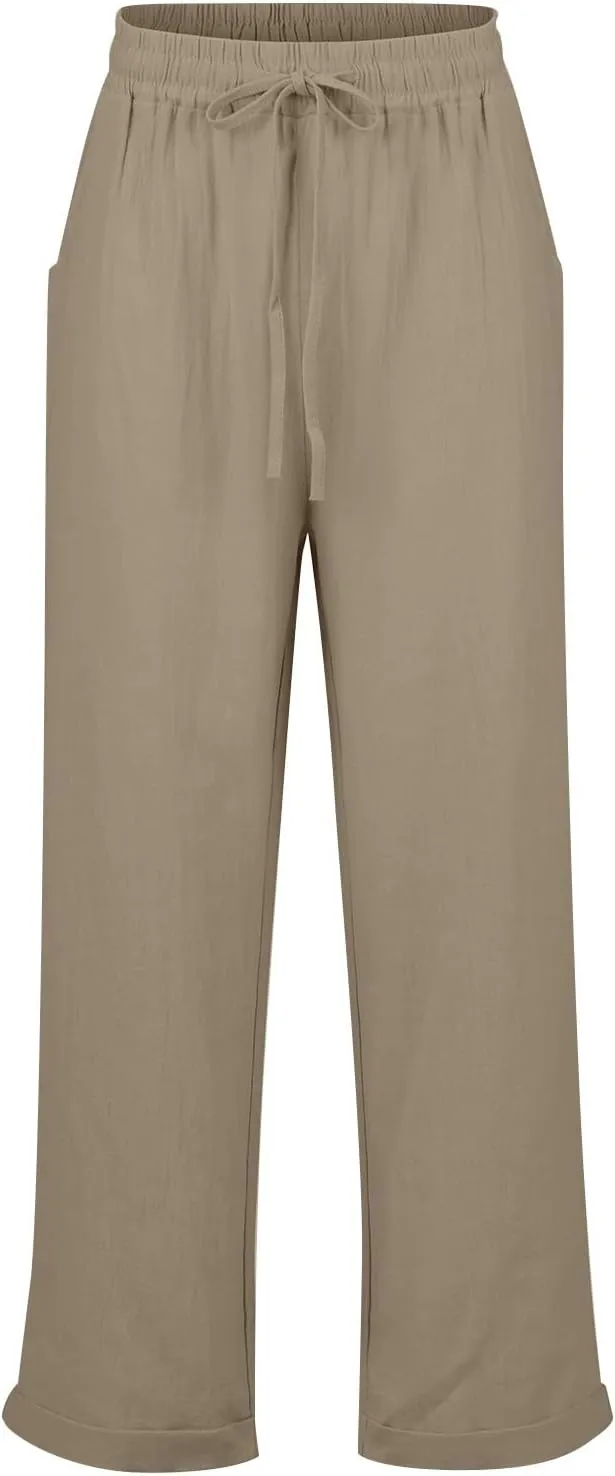 Women Linen Pants Summer Drawstring High Waisted Straight Leg Cotton Pants Casual Comfy Beach Trouser with Pockets