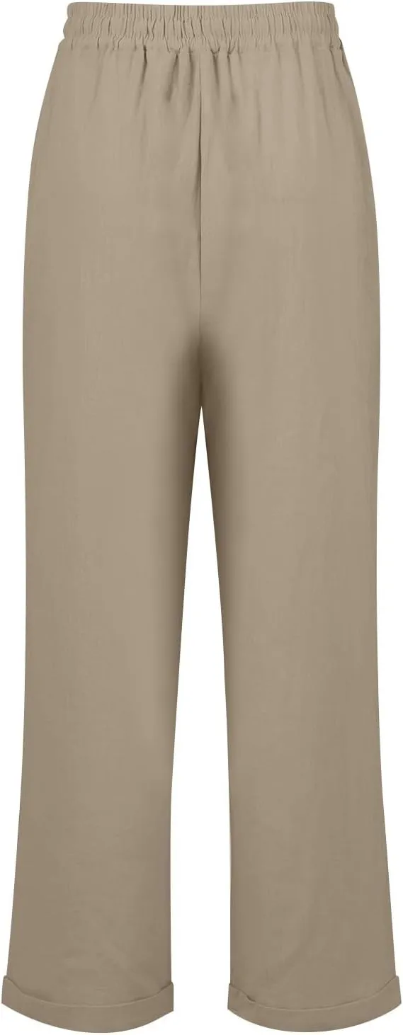 Women Linen Pants Summer Drawstring High Waisted Straight Leg Cotton Pants Casual Comfy Beach Trouser with Pockets