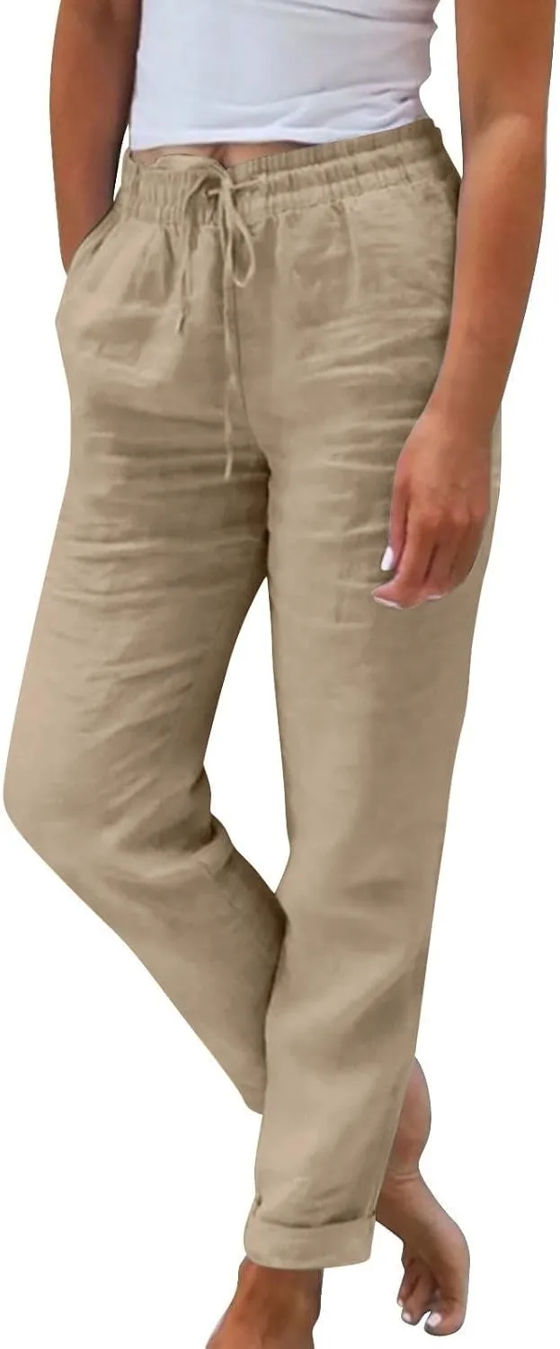 Women Linen Pants Summer Drawstring High Waisted Straight Leg Cotton Pants Casual Comfy Beach Trouser with Pockets