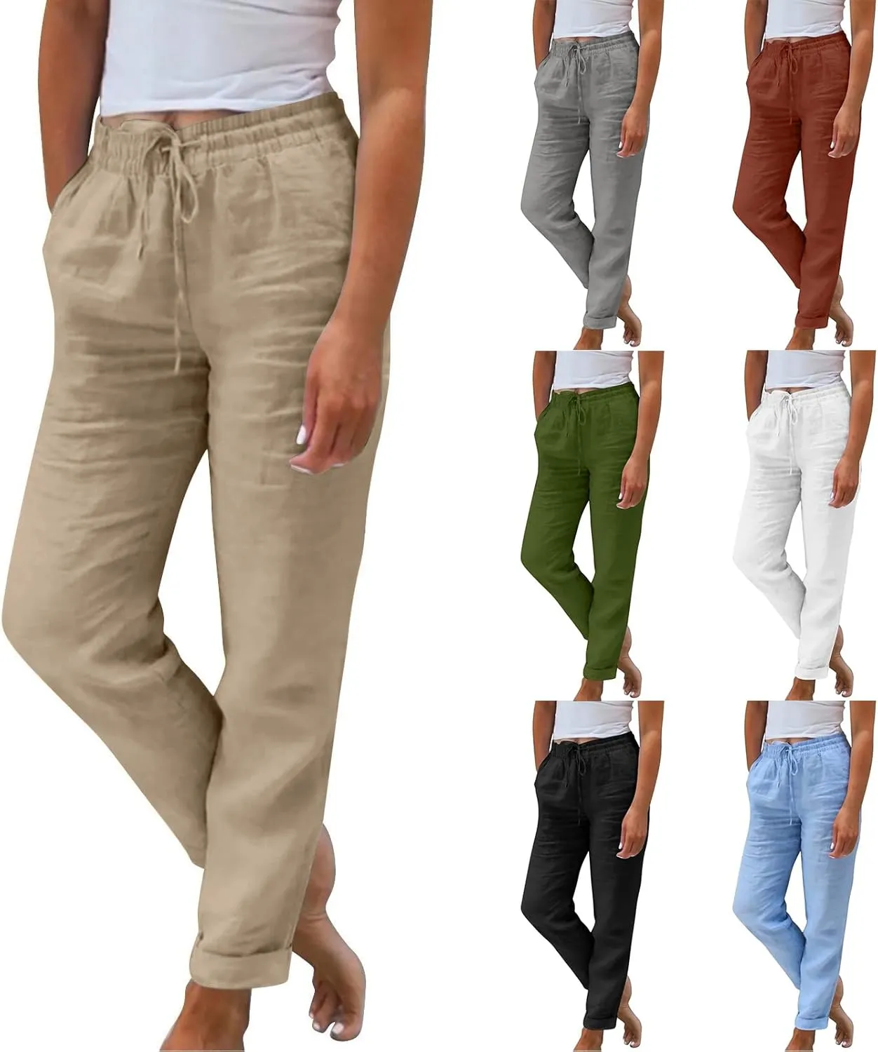 Women Linen Pants Summer Drawstring High Waisted Straight Leg Cotton Pants Casual Comfy Beach Trouser with Pockets