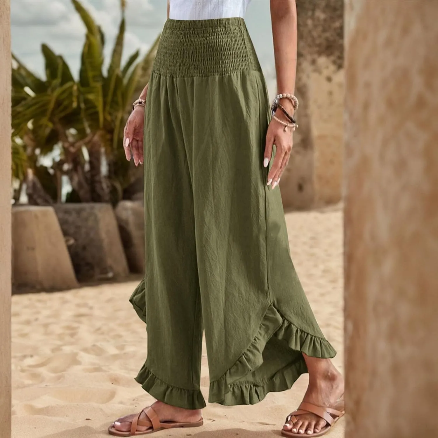 Women Linen Pants Summer Wide Leg Pants Smocked Waist Ruffle Palazzo Pant Flowy Beach Vacation Trouser with Pockets