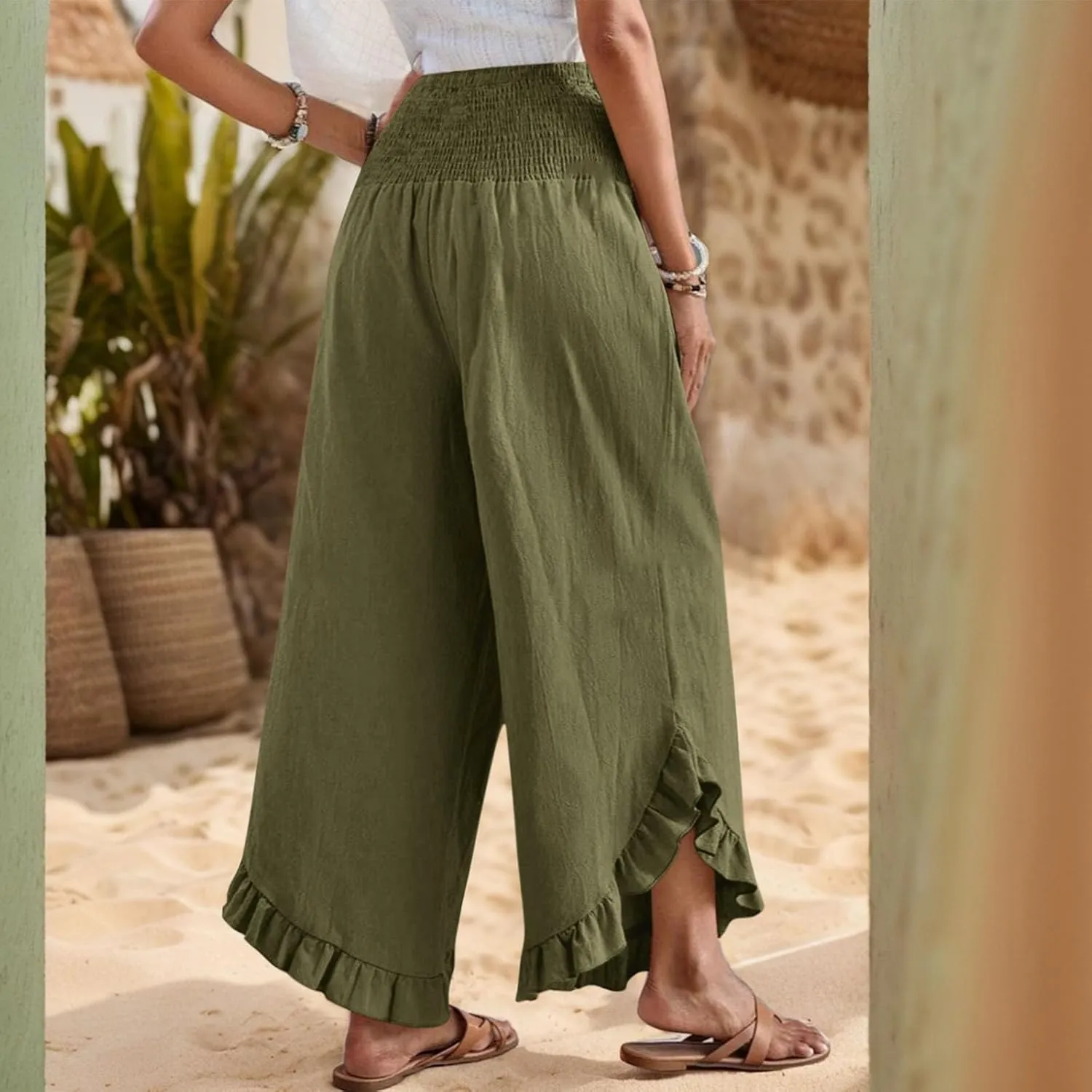 Women Linen Pants Summer Wide Leg Pants Smocked Waist Ruffle Palazzo Pant Flowy Beach Vacation Trouser with Pockets