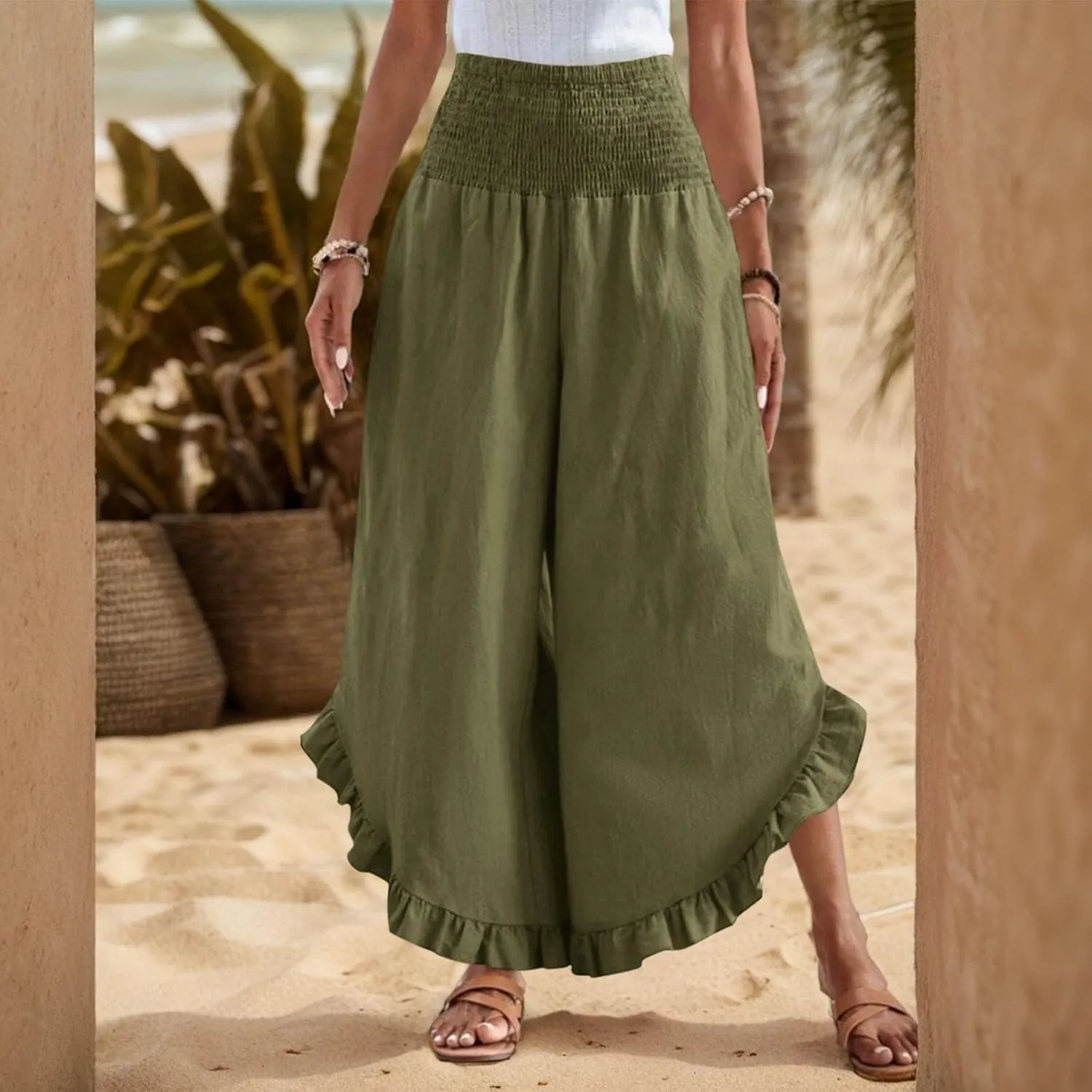 Women Linen Pants Summer Wide Leg Pants Smocked Waist Ruffle Palazzo Pant Flowy Beach Vacation Trouser with Pockets
