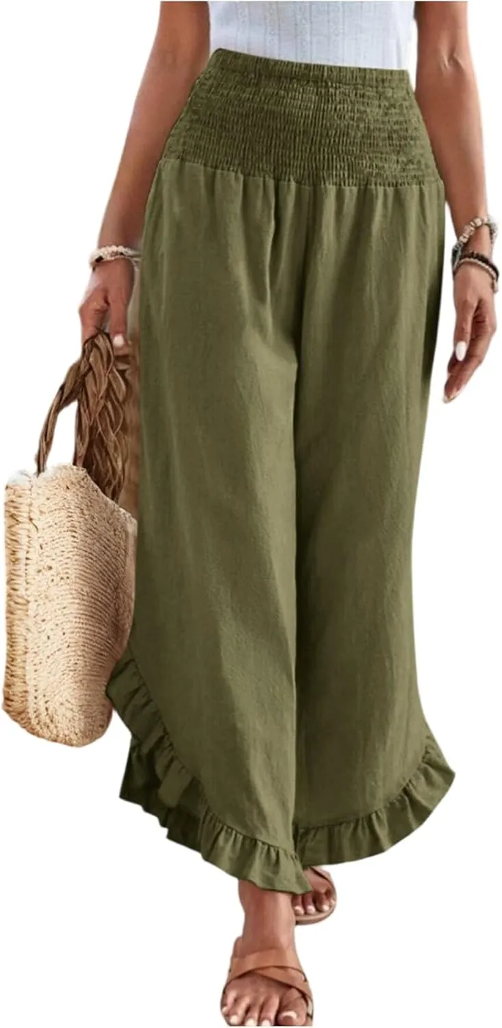 Women Linen Pants Summer Wide Leg Pants Smocked Waist Ruffle Palazzo Pant Flowy Beach Vacation Trouser with Pockets