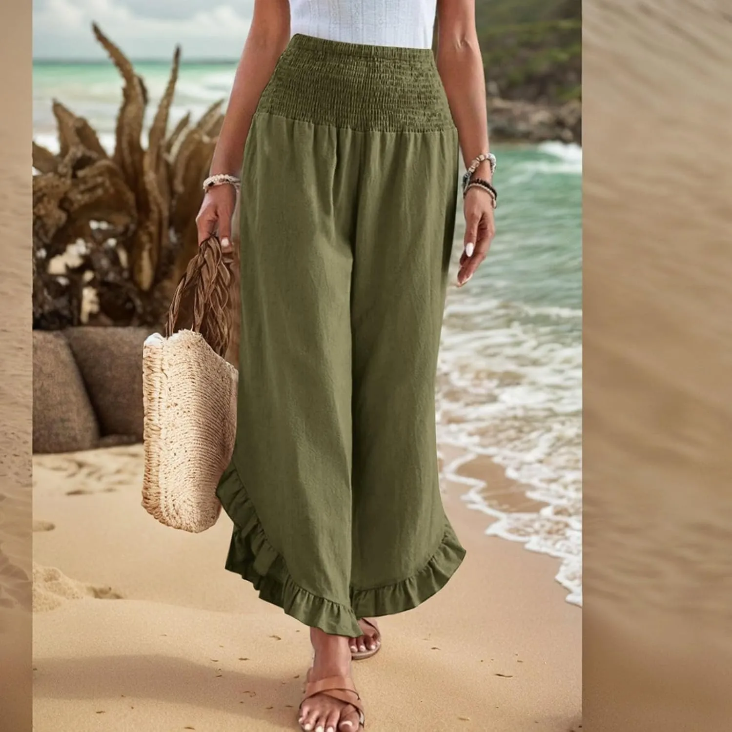 Women Linen Pants Summer Wide Leg Pants Smocked Waist Ruffle Palazzo Pant Flowy Beach Vacation Trouser with Pockets