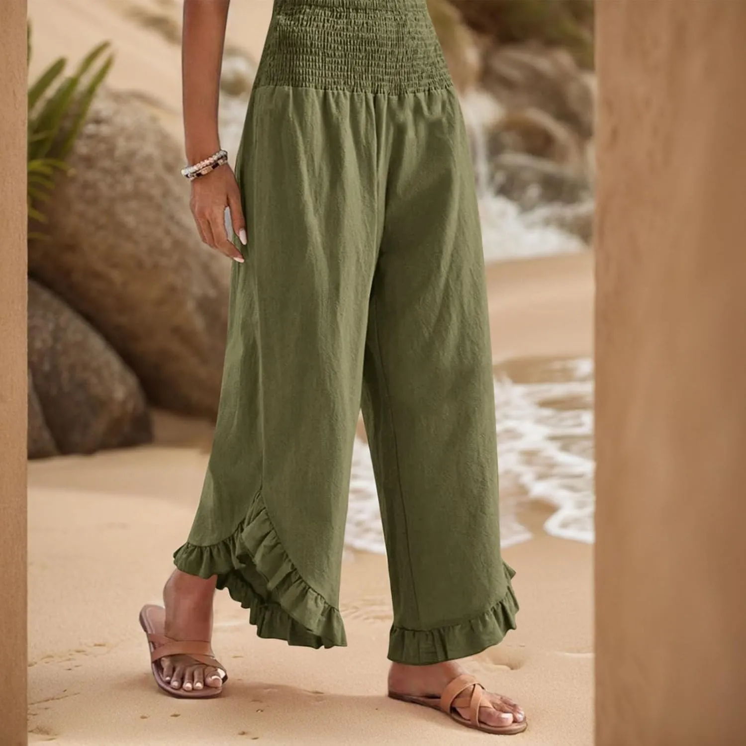 Women Linen Pants Summer Wide Leg Pants Smocked Waist Ruffle Palazzo Pant Flowy Beach Vacation Trouser with Pockets
