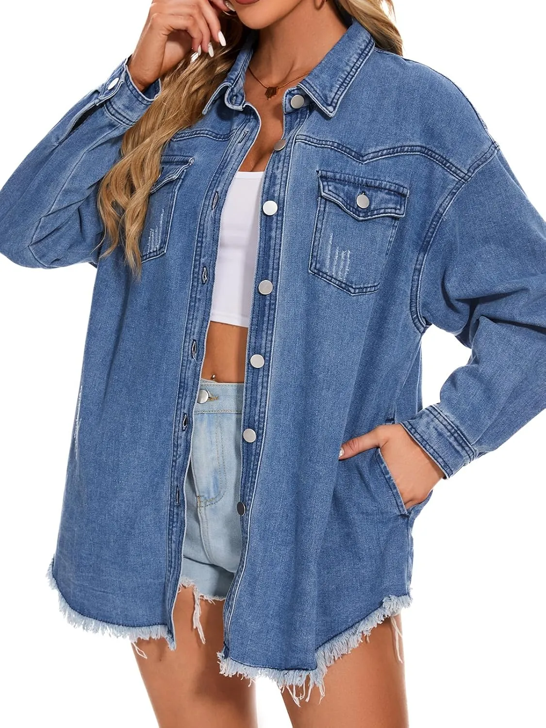 Women Oversized Button Up Denim Long Boyfriend Distresse Jean Jacket Frayed Hem Shacket