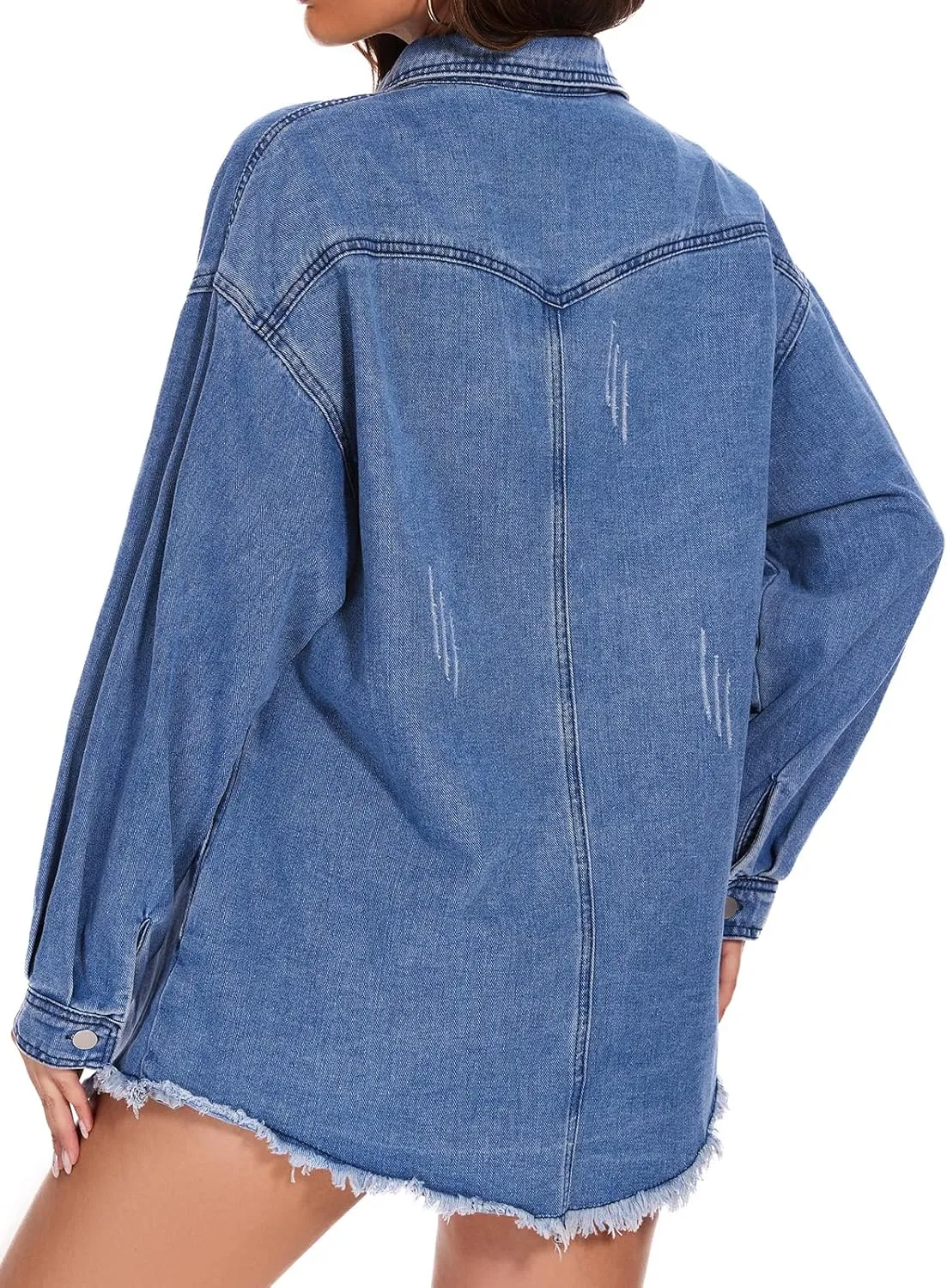 Women Oversized Button Up Denim Long Boyfriend Distresse Jean Jacket Frayed Hem Shacket