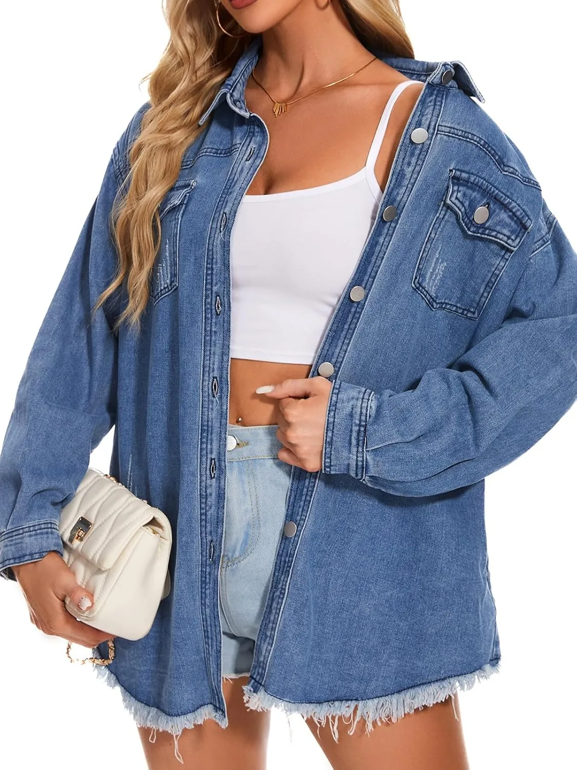 Women Oversized Button Up Denim Long Boyfriend Distresse Jean Jacket Frayed Hem Shacket