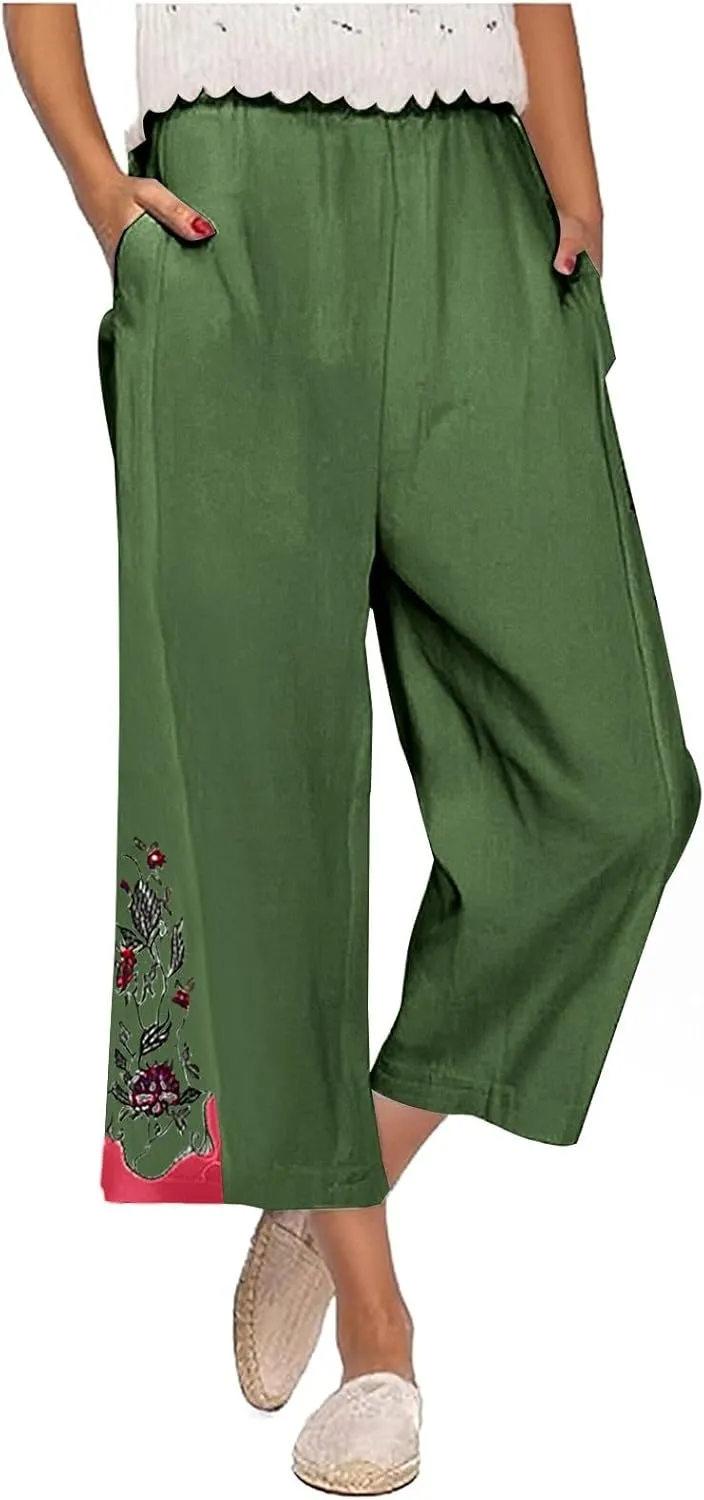 Women Retro Floral Embroidered Loose Crop Pants, Summer Cotton Linen Wide Leg Pants High Elastic Waist Pockets Trousers