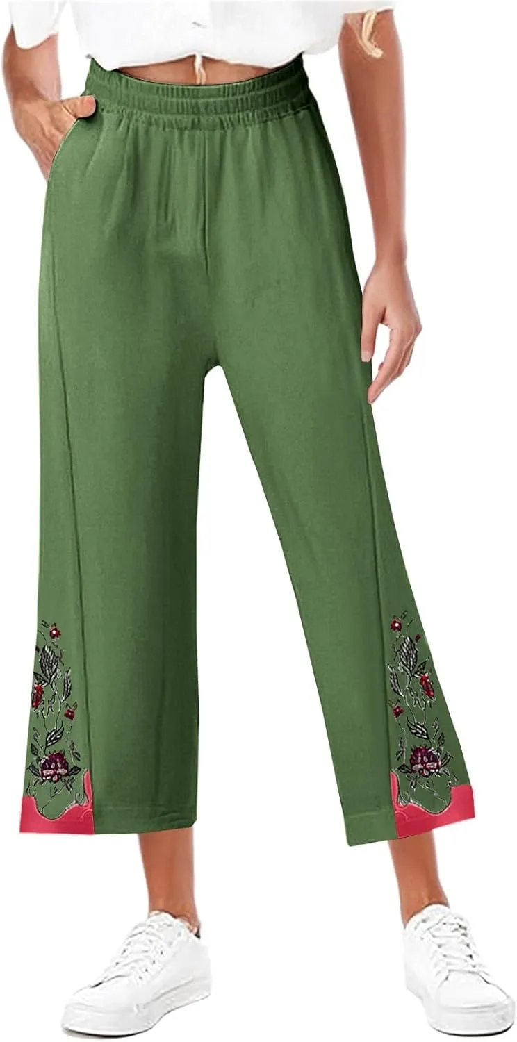 Women Retro Floral Embroidered Loose Crop Pants, Summer Cotton Linen Wide Leg Pants High Elastic Waist Pockets Trousers