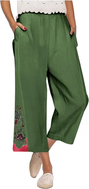 Women Retro Floral Embroidered Loose Crop Pants, Summer Cotton Linen Wide Leg Pants High Elastic Waist Pockets Trousers