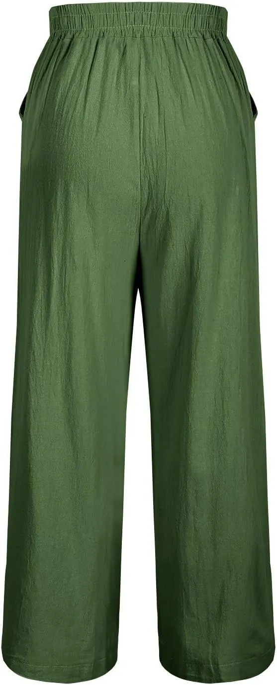 Women Retro Floral Embroidered Loose Crop Pants, Summer Cotton Linen Wide Leg Pants High Elastic Waist Pockets Trousers